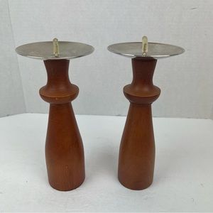 MCM style teak wood 10” pillar candlestick set(2)